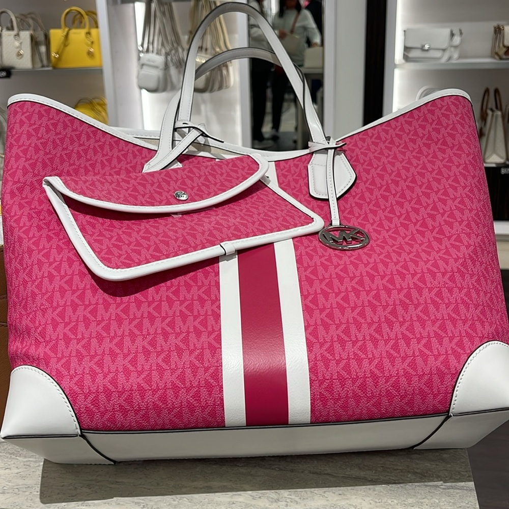 Michael Kors Eva Large Signature Logo Stripe Tote Bag Dragonfruit 
NWT - Picture 7 of 16